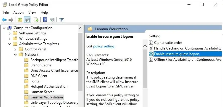 Windows 10 Habilita la política de inicios de sesión de invitados inseguros 