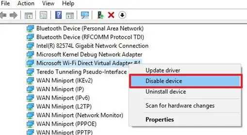 deshabilitar el adaptador virtual de Wi-Fi Direct de Microsoft 