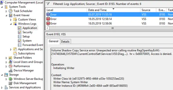 EventID 8193 VSS: error del servicio de instantáneas de volumen 