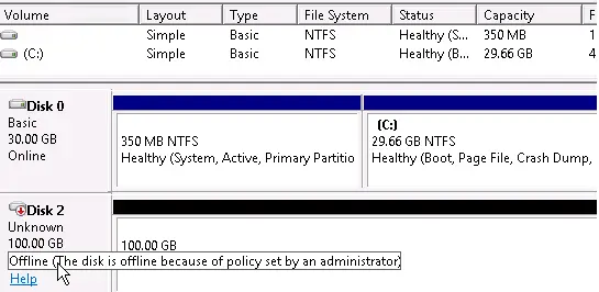Disco sin conexión de Windows Server 2016 debido a una política establecida por un administrador 