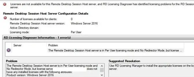 El host de sesión de escritorio remoto está en modo de licencia por usuario y no en modo redirector, pero el servidor de licencias no tiene ninguna licencia adecuada instalada con el 