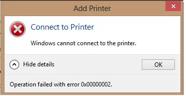 Windows no se puede conectar a la impresora. La operación falló con el error 0x00000002 