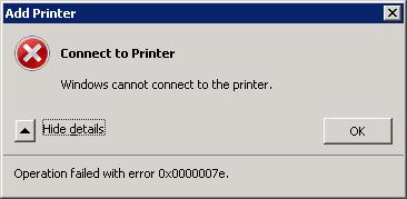 Windows no puede conectarse a la impresora HP. La operación falló con el error 0x0000007e