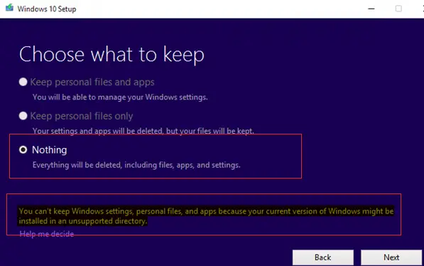 advertencia de actualización de Windows 10: no puede mantener la configuración de Windows, los archivos personales y las aplicaciones porque su versión actual de Windows puede estar instalada en un directorio no compatible