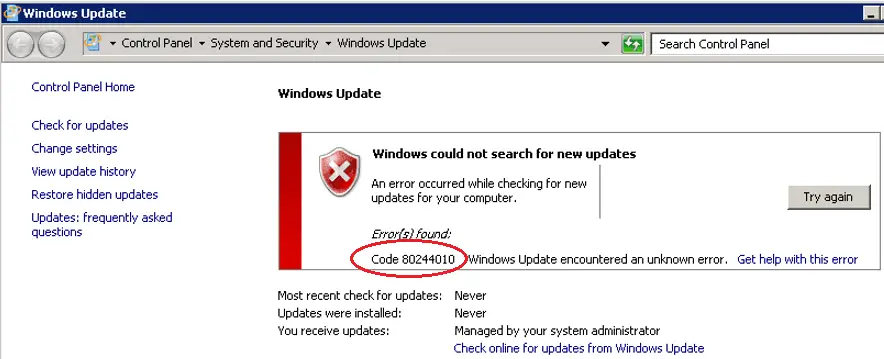 Windows no pudo buscar nuevas actualizaciones, código 80244010