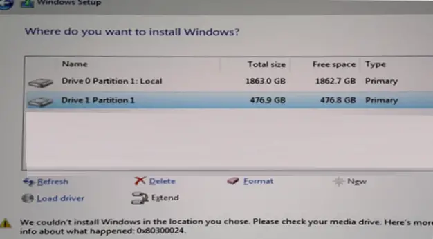 0x80300024 - error de instalación de Windows 10
