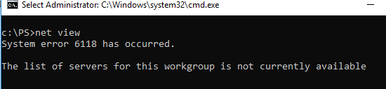 Se ha producido el error del sistema 6118. La lista de servidores para este grupo de trabajo no está disponible actualmente