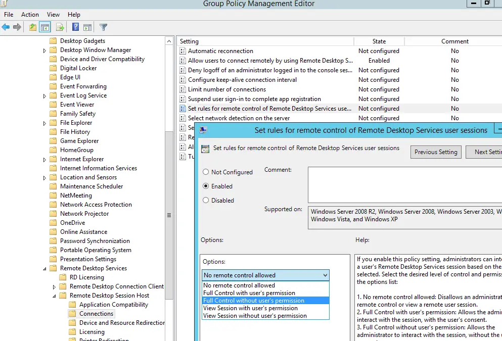 política de sesión de sombra de Windows 10: establezca reglas para el control remoto de las sesiones de usuario de Servicios de Escritorio remoto
