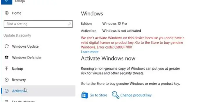 No podemos activar Windows 10 en este dispositivo porque no tiene una licencia digital válida o un código de error de clave de producto 0x803F7001