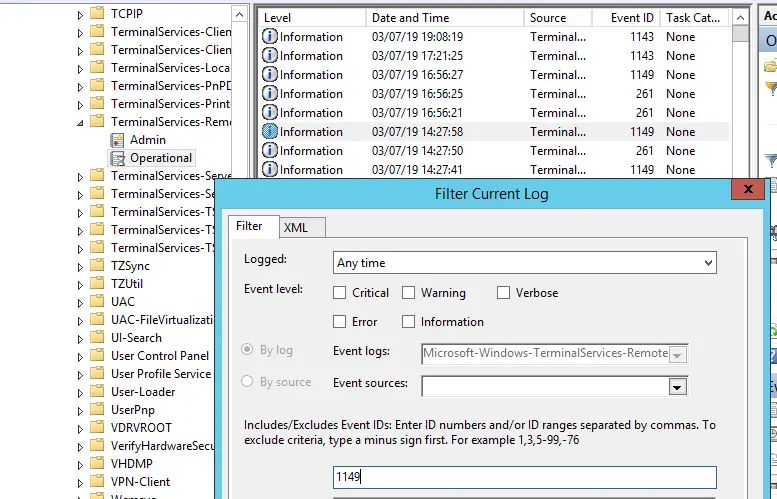 registro de eventos de Windows Terminal-Services-RemoteConnectionManager filtrado