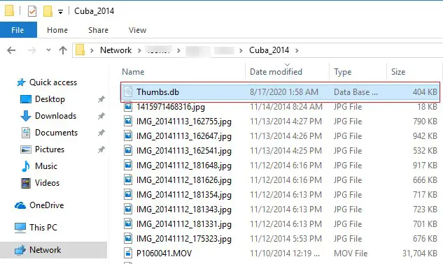 archivo thumbs.db en la carpeta compartida de red de Windows 10