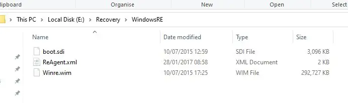 archivos del entorno de recuperación de Windows en la partición reservada del sistema (winre.wim, boot.sdi, ReAgent.xml))