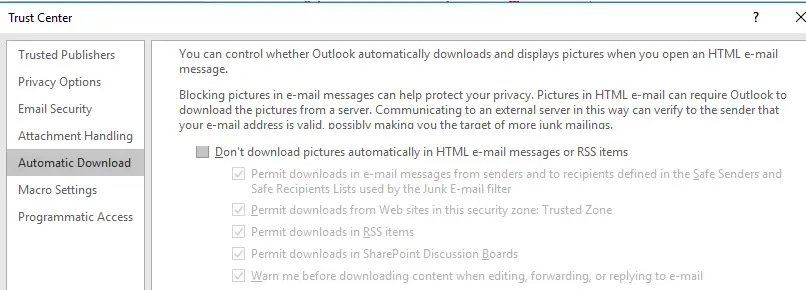 Outlook: no descargue imágenes automáticamente en mensajes de correo electrónico HTML o elementos RSS