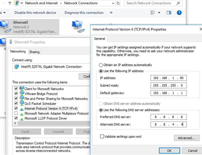 establecer la dirección IP estática y la configuración de dns en Windows 10