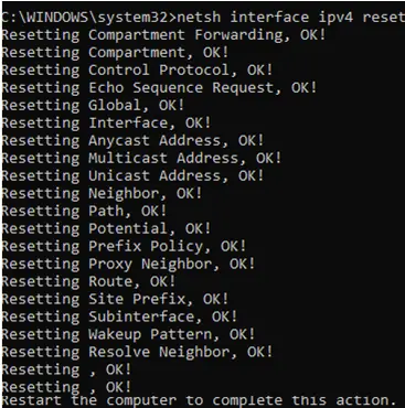 interfaz netsh ipv4 reset - restablecer la configuración de red