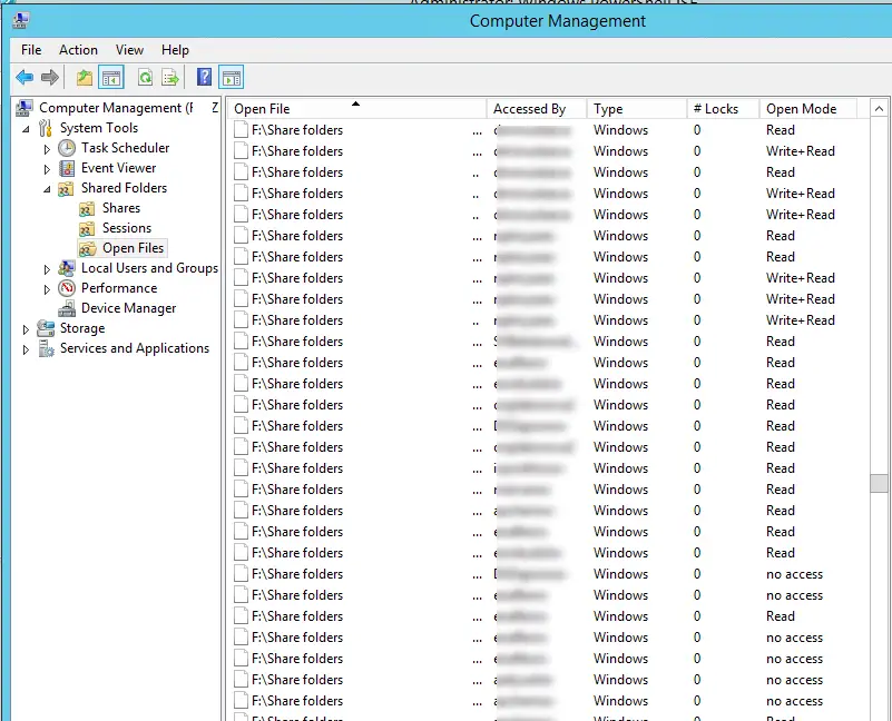 Lista de archivos abiertos en carpetas compartidas de Windows Server 2012 R2