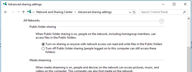 Windows 10/2016: active el uso compartido para que cualquier persona con acceso a la red pueda leer y escribir archivos en las carpetas públicas