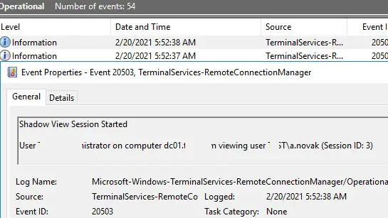 auditar los eventos de la sesión de sombra en el visor de eventos del servidor de Windows