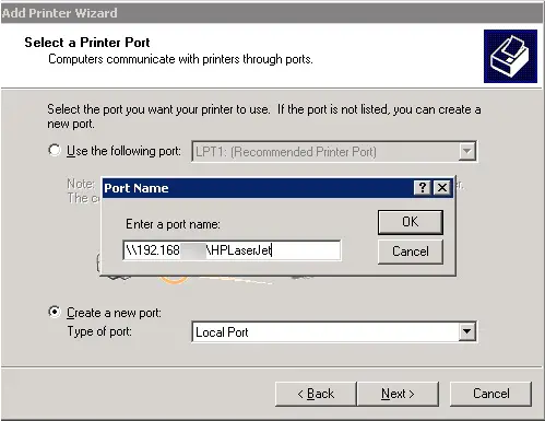 XP agrega impresora usando un puerto local con ruta unc