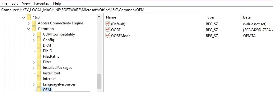 eliminando la clave hklm SOFTWARE Wow6432Node Microsoft Office 16.0 Common OEM