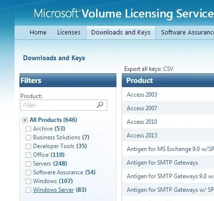obtener la clave gvlk para el servicio kms en el sitio de Microsoft
