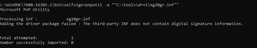 Error al agregar el paquete de controladores: el INF de terceros no contiene información de firma digital.