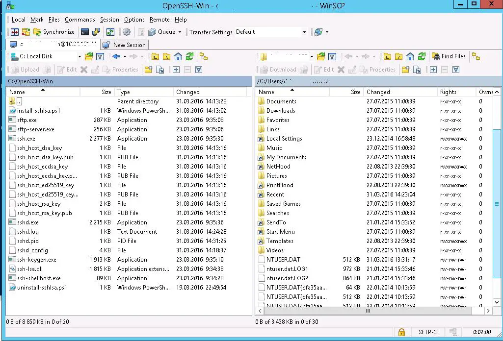 conectar openssh en el servidor de Windows usando winscp