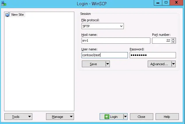 Conexión sftp de prueba WinSCP