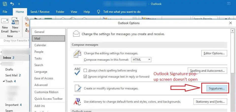 La opción de firma no se abre en Outlook 2016 