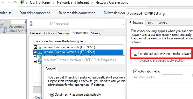 Windows 10: use la puerta de enlace predeterminada en la red remota para la conexión VPN