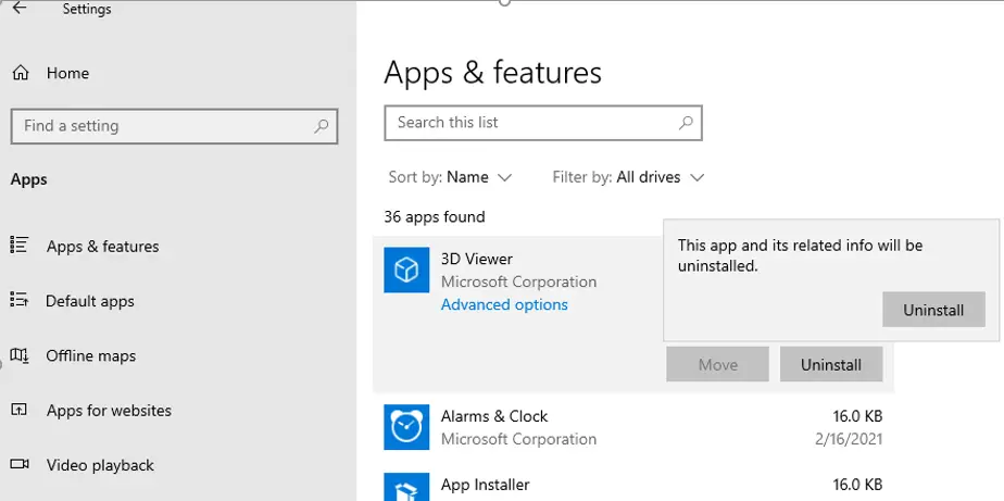 desinstale la aplicación UWP en Windows 10 desde Configuración