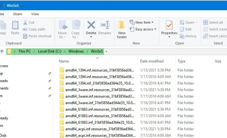 lista de archivos en winsxs en windows 10