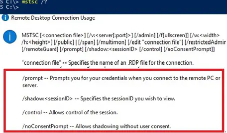 mstsc.exe - opciones de conexión de sombra rdp en Windows 10