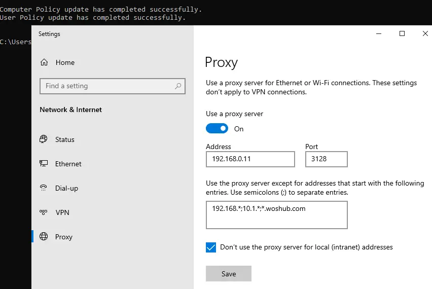 comprobar la configuración del servidor proxy en Windows 10