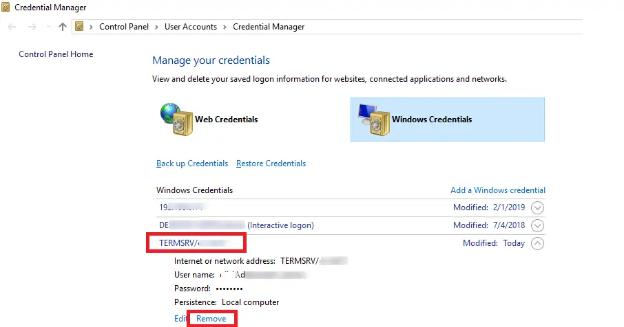 credenciales de Windows - contraseñas rdp guardadas TERMSRV elemento
