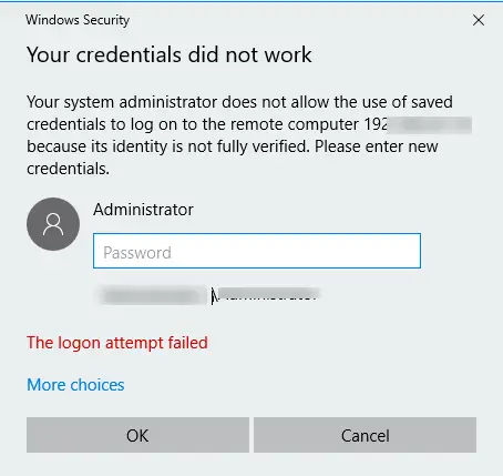 Sus credenciales rdp no funcionaron El administrador del sistema no permite el uso de credenciales guardadas para iniciar sesión en la computadora remota 