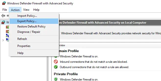 exportar las reglas de firewall de Windows defender a un archivo wfw