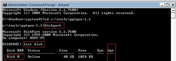 diskpart comprobar el estado del disco gpt