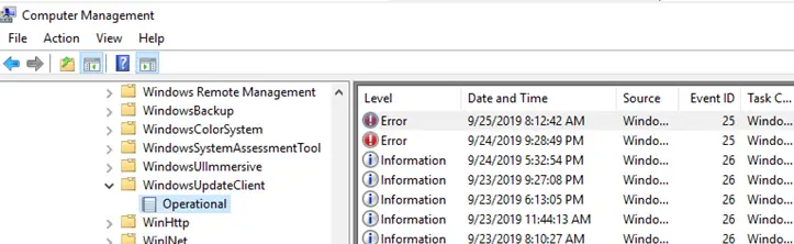 WindowsUpdateClient -> Registros operativos en el visor de eventos