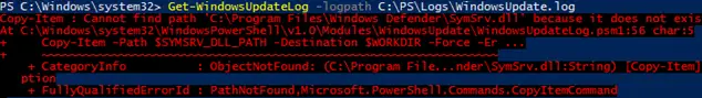Get-WindowsUpdateLog Copy-Item: no se puede encontrar la ruta 'C: Archivos de programa Windows Defender SymSrv.dll' porque no existe 