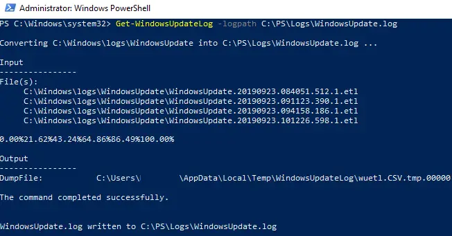 Get-WindowsUpdateLog cmdlet de powershell para generar un archivo de texto sin formato windowsupdate.log