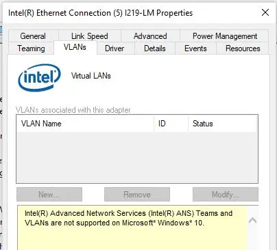 Los equipos Intel (R) Advanced Network (Intel (R) ANS) y las VLAN no son compatibles con Microsoft Windows 10.