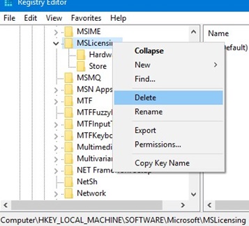 eliminar la clave de registro mslicensing para restablecer la licencia rdp en Windows 10
