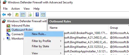 crear una nueva regla de salida en el firewall de Windows