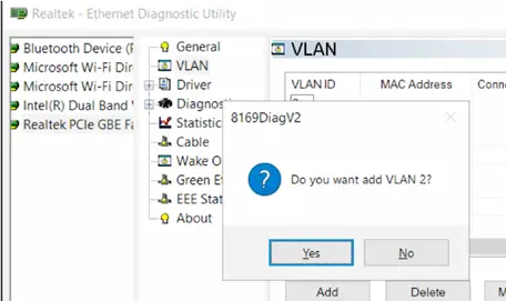 crear vlan en Windows 10 usando la utilidad de diagnóstico Realtek Ethernet