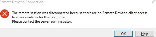 La sesión remota se desconectó porque no hay licencias de acceso de cliente de Escritorio remoto disponibles para esta computadora. Comuníquese con el administrador del servidor.