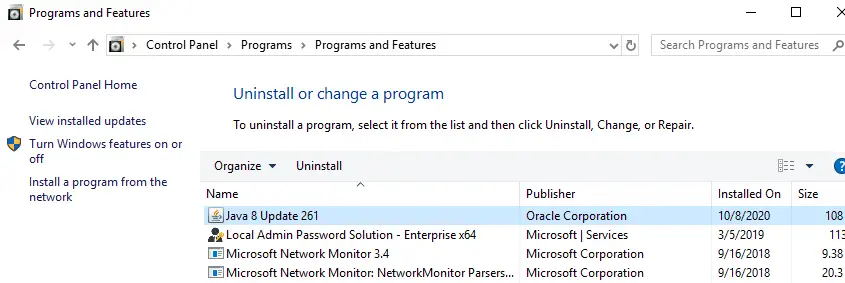 Java instalado en la lista de programas en Windows 10 