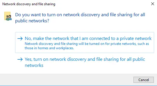¿Quiere activar la detección de redes y el uso compartido de archivos?
