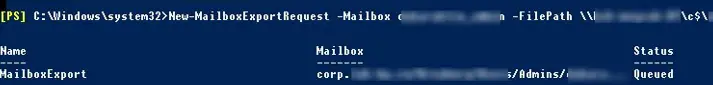 New-MailboxExportRequest: exporta el buzón del usuario a un archivo pst
