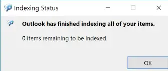 Outlook ha terminado de indexar todos sus elementos. 0 elementos restantes por indexar 